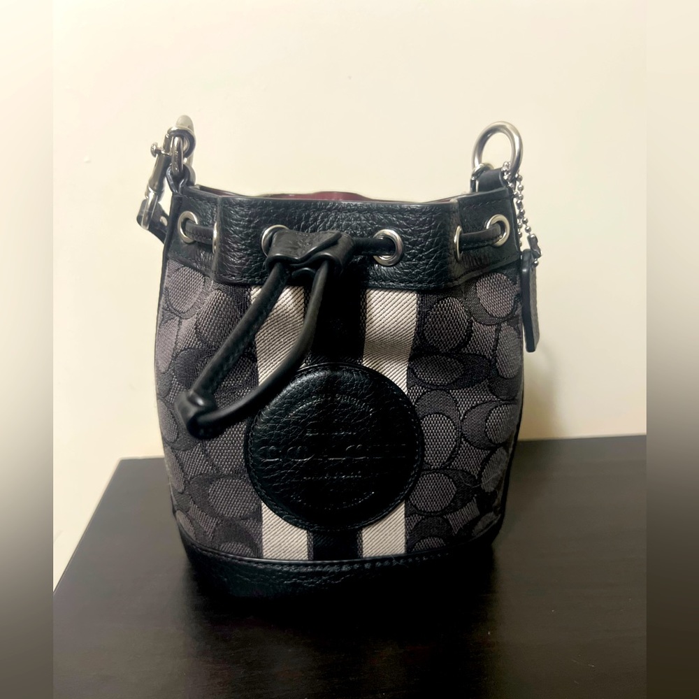 Coach Mini Dempsey Bucket Bag in Signature Jacquard with stripe and coach patch